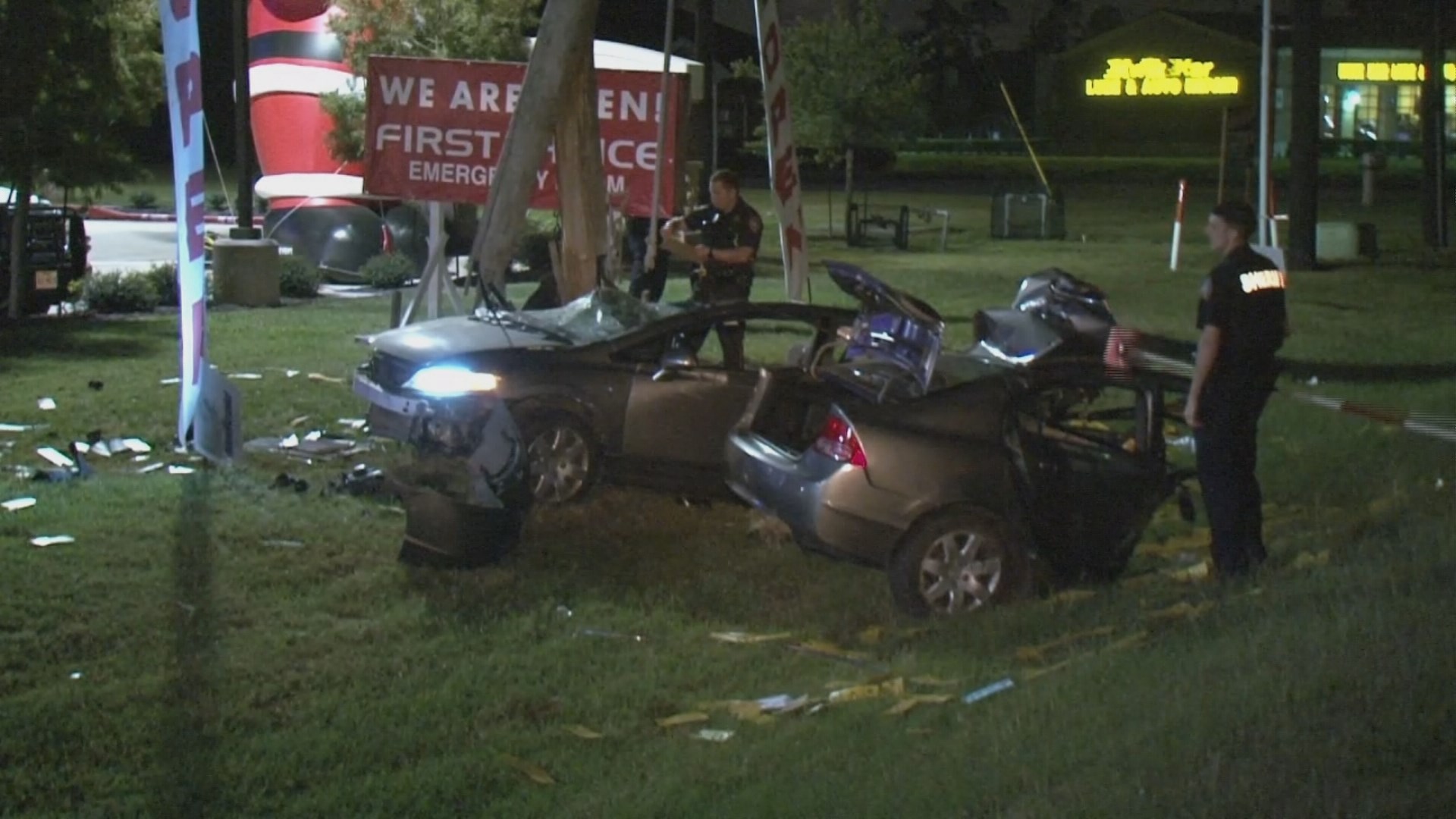 Woman dies after car slams into pole, splitting it in half | khou.com