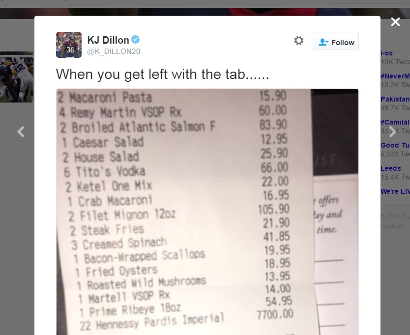Texans rookie gets stuck with $16,000 dinner bill