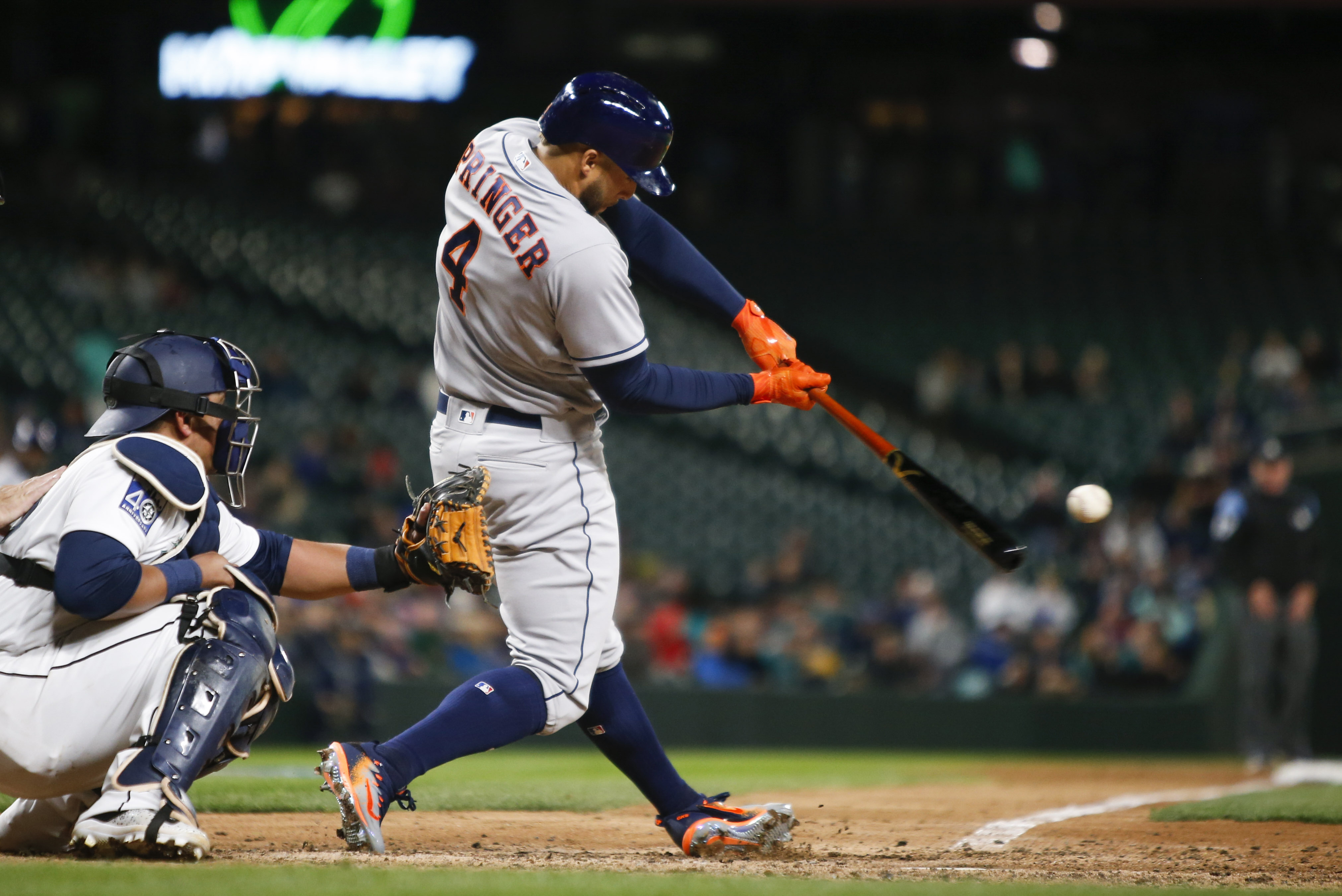 Houston Astros' George Springer celebrates his leadoff home run off Seattle  Mariners starting pitcher Ariel Miranda in the first inning of a baseball  game, Thursday, April 6, 2017, in Houston. (AP Photo/Eric