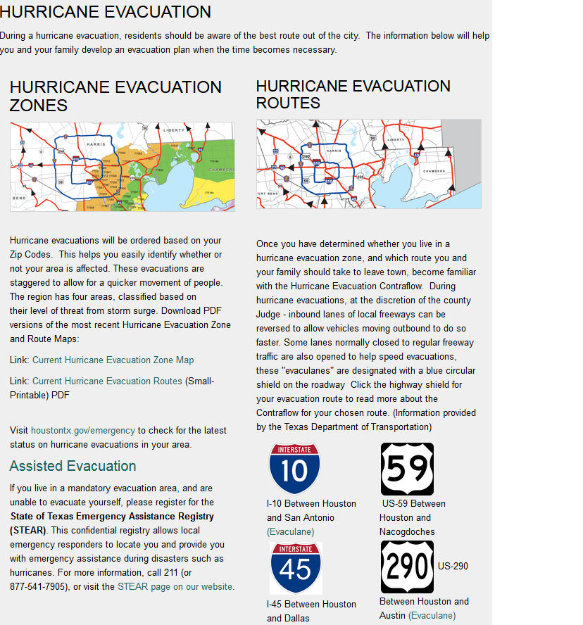 City of Houston hurricane evacuation zones and routes