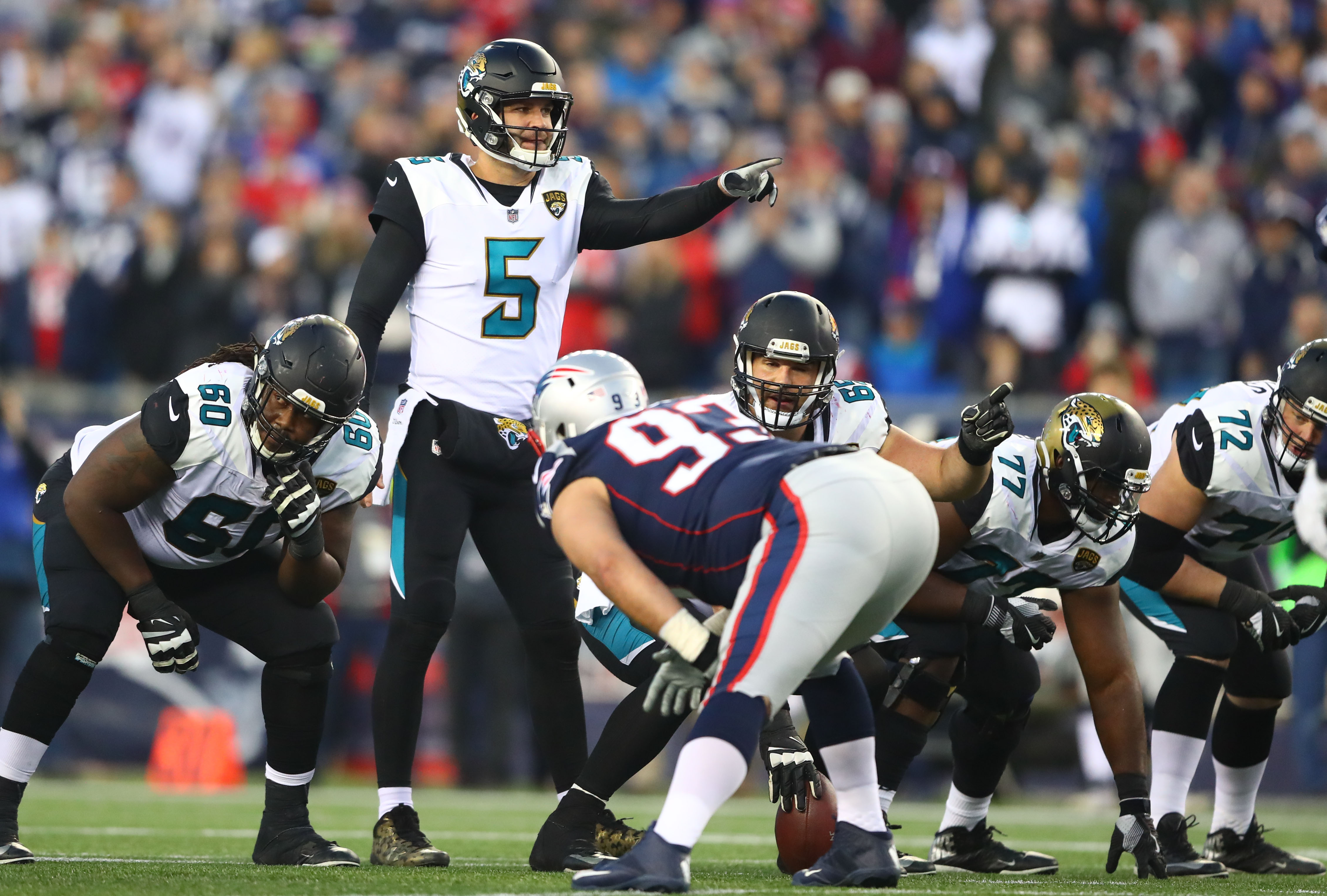 Jacksonville Jaguars running back Leonard Fournettte (27) celebrates 4-yard  touchdown run against the New England Patriots in the second quarter of the  AFC Championship game at Gillette Stadium in Foxborough, Massachusetts on